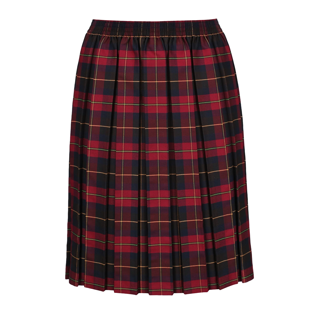 Junior Girls Box Pleat Skirt Maroon Tartan